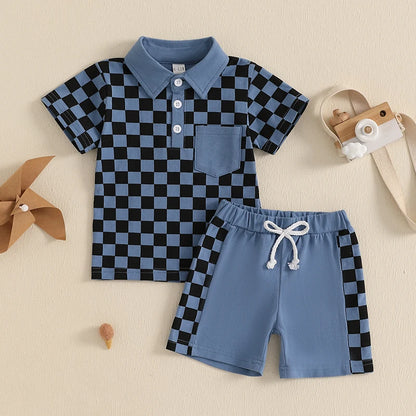 Short Sleeve Lapel Checkerboard Print Tops and Drawstring Shorts Sets