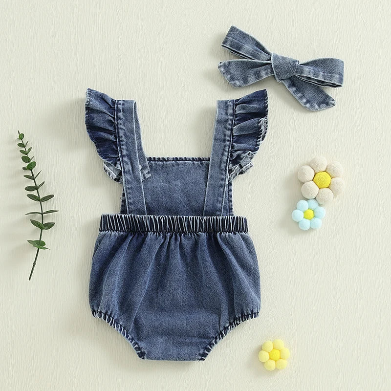 Girl Summer Outfits Ruffle Sleeveless Square Neck Denim Romper with Headband Set