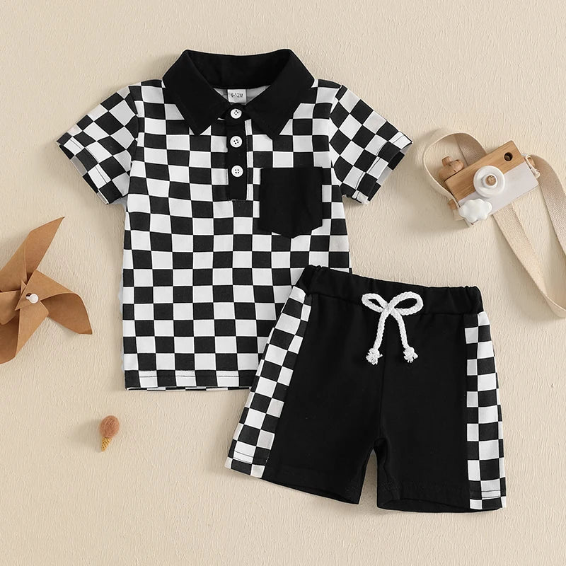 Short Sleeve Lapel Checkerboard Print Tops and Drawstring Shorts Sets