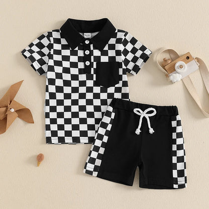 Short Sleeve Lapel Checkerboard Print Tops and Drawstring Shorts Sets