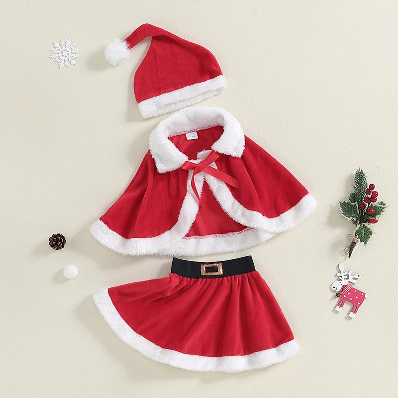 3Pcs Christmas Outfits Red Fur Trim Cape + Skirt + Santa Hat