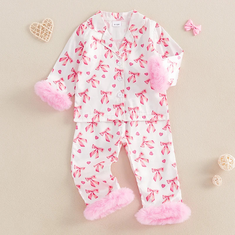 Valentine Pajamas Sets Bow Print Plush Long Sleeve Tops With Pants