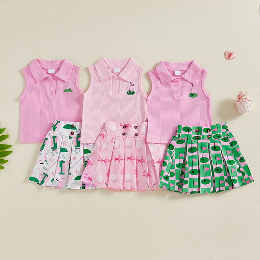 Sleeveless Tank Tops and Golf Print Pleated A-Line Skirt Set