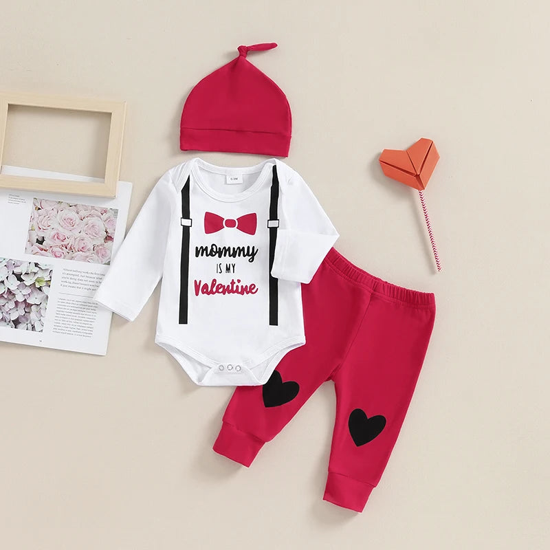 Baby Boy Valentine s Day Clothes Letter Bow Print Long Sleeve Romper with Pants and Hat Outfit