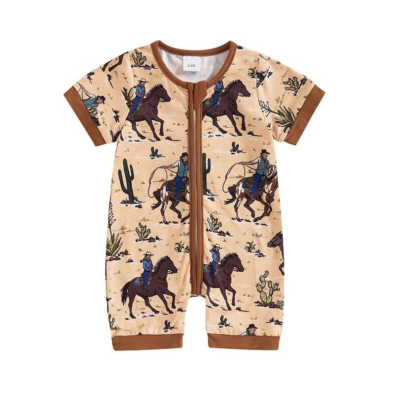 Boy Western Short Sleeve Round Neck Horse Print Jumpsuit