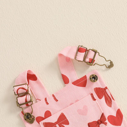 Girl Suspender Shorts Bow Heart Print Sleeveless Overalls