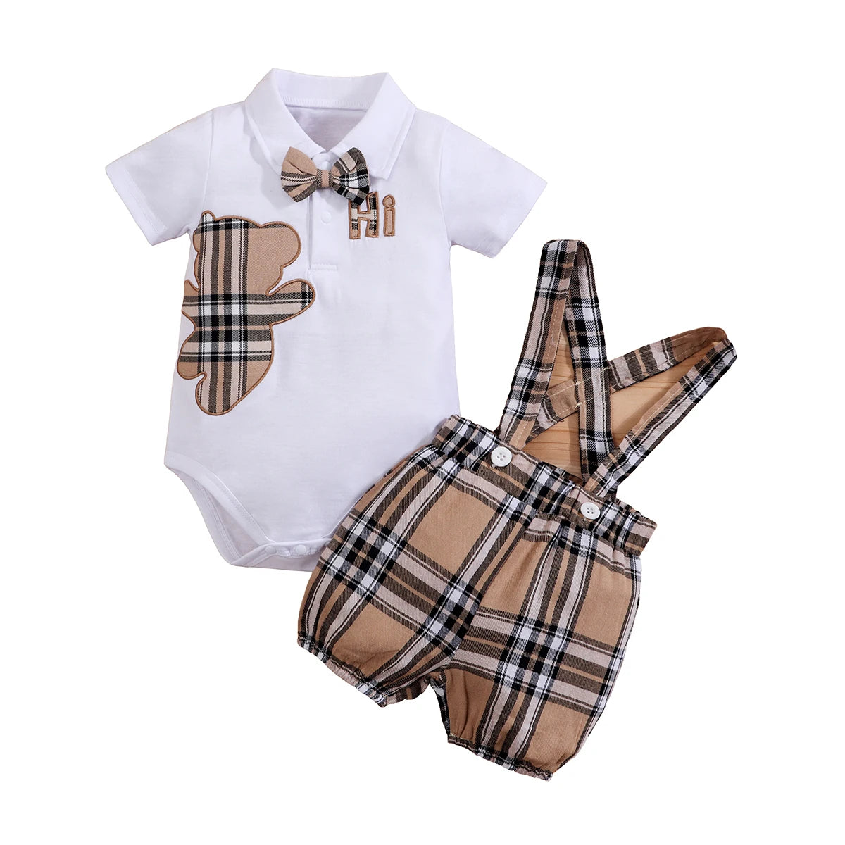 Short Sleeve Plaid Bear Bodysuit+Suspenders Trousers Set