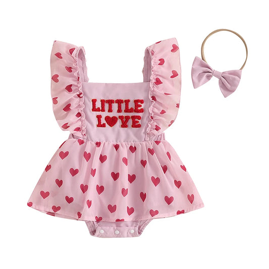 Heart Letter Embroidery Fly Sleeve Skirt  Bodysuits with Headband