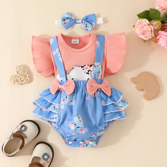 2pcs, Adorable Baby Girls Elephant Pattern Top and Skirt Set with LaceSleeves -Perfect for Summer!