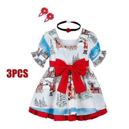Christmas Bow Dress Kids Full Printing Casual Elk Xmas