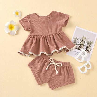 Summer Newborn Baby Girl Set Cotton linen Solid O-neck Short Sleeve Ruffles T-shirt Shorts Suit Infant Clothes Outfit