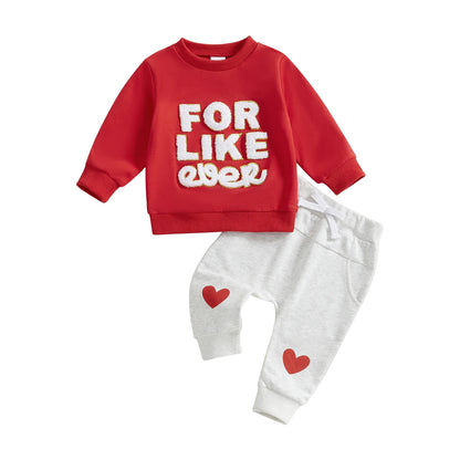 Boys/ Girls Valentines Outfit Letter Embroidery Long Sleeve Sweatshirt and Heart Print Pants