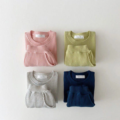 Waffle Cotton Kids Loose Tracksuit Pullovers Tops+Pants 2PCS Set