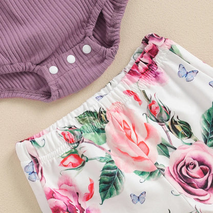 Girl Summer Outfits Tie-Up Halter Neck Sleeveless Rompers Flower Print Flared Pants 2Pcs