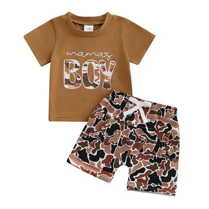 Boys Summer Shorts Sets Short Sleeve Letter Print Tops and Camouflage Shorts Sets