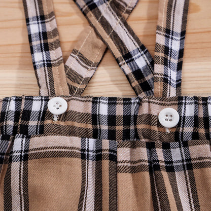 Short Sleeve Plaid Bear Bodysuit+Suspenders Trousers Set