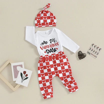 Infant Newborn Baby Boy Outfits My First Valentines Day Romper  Heart Shaped Pants Hat Long Sleeve Clothes Set