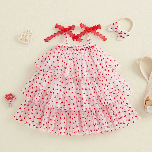 Heart Print Sleeveless Layered Tulle Tutu Dresses