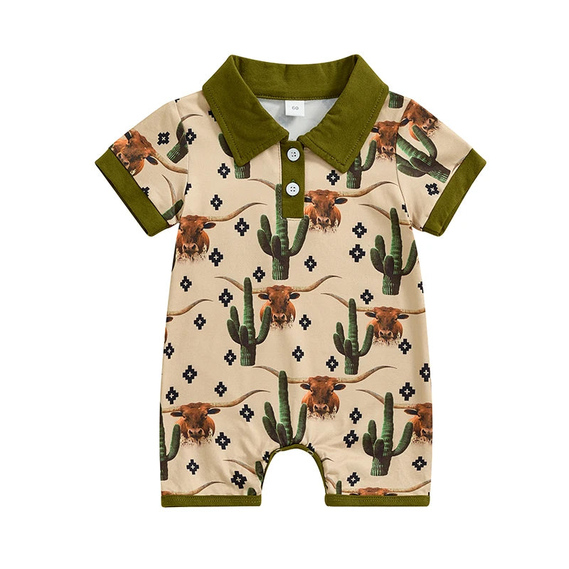 Short Sleeve Lapel Western Elements Print Jumpsuit
