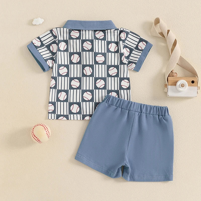Boy Baseball Outfit Half Button-up Lapel Neck Short Sleeve Shirt Solid Short