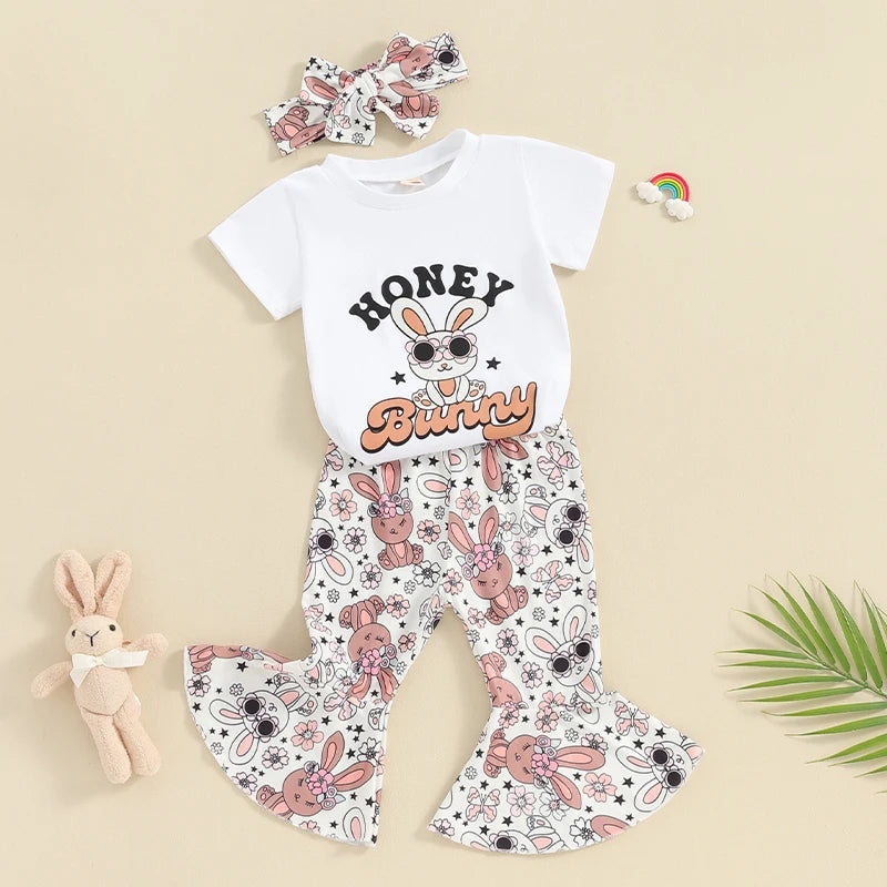 Short Sleeve Letter Print T-Shirt with Bunny Bell-Bottom Pants