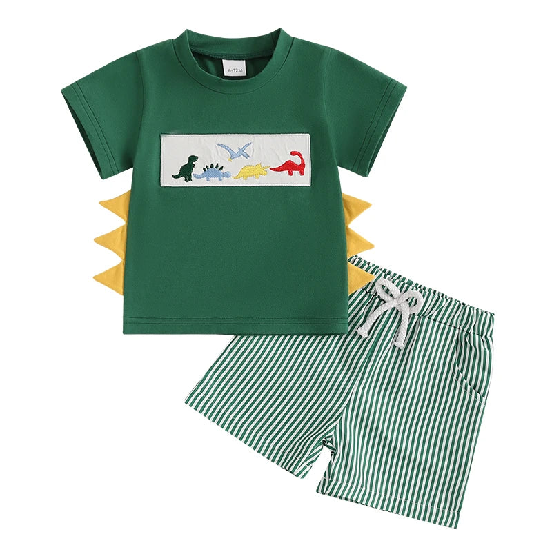 Whale/Dinosaur/Turtle Short Sleeve T-shirts  and Striped Elastic Waist Shorts