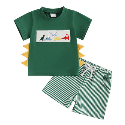 Whale/Dinosaur/Turtle Short Sleeve T-shirts  and Striped Elastic Waist Shorts