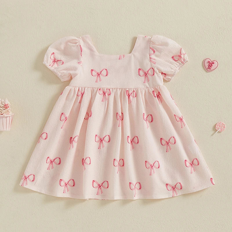 Girls Dress Bowknot Print Sqaure Neck Short Sleeve Casual Dress