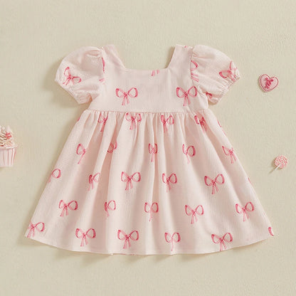 Girls Dress Bowknot Print Sqaure Neck Short Sleeve Casual Dress