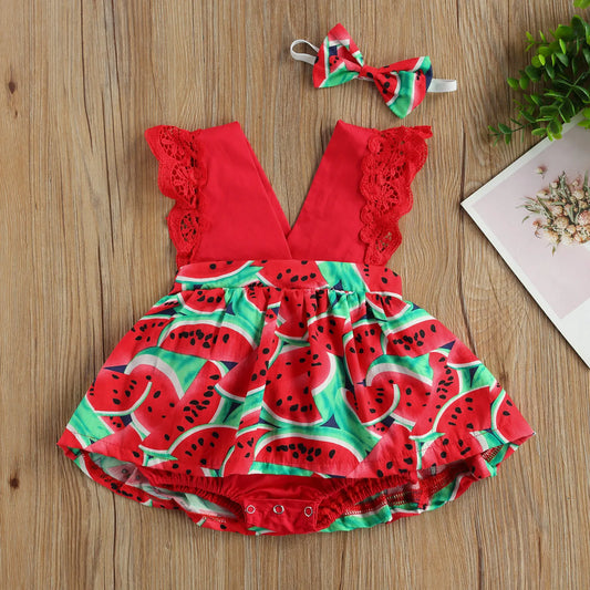 Watermelon Print Lace Patchwork Sleeveless V-neck Jumpsuit