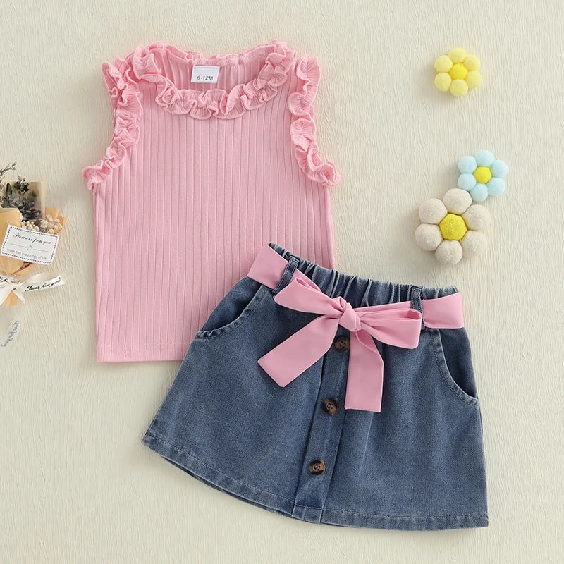 Solid Color Ruffles Tank Tops and Button Denim Skirt with Belt Set
