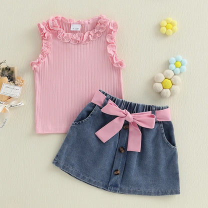 Solid Color Ruffles Tank Tops and Button Denim Skirt with Belt Set
