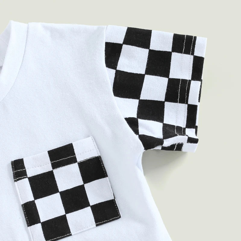 2Pcs Summer Clothes Suits Plaid Patchwork Short Sleeve Crew Neck T-Shirts and Shorts