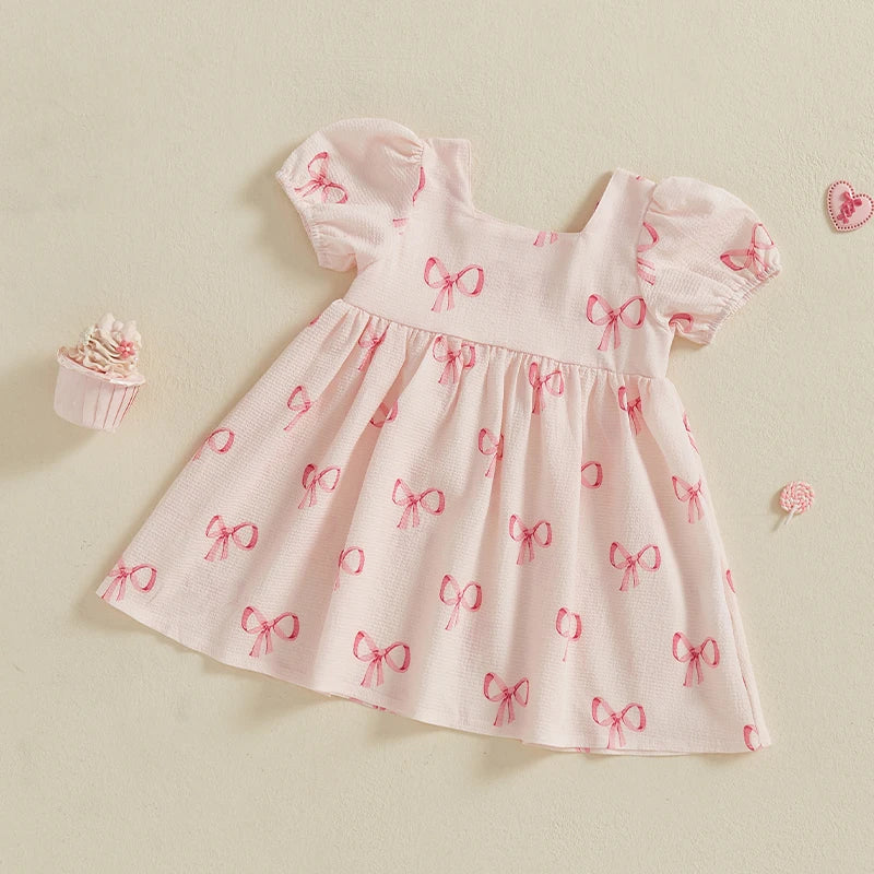 Girls Dress Bowknot Print Sqaure Neck Short Sleeve Casual Dress