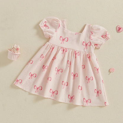 Girls Dress Bowknot Print Sqaure Neck Short Sleeve Casual Dress