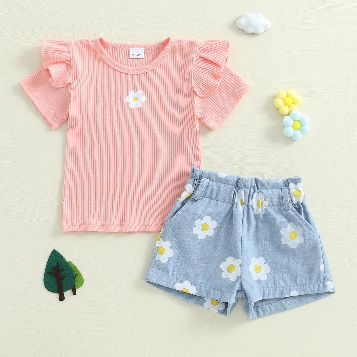 1-4Y Baby Girl Summer Outfits Ruffle Short Sleeve Floral Print Ribbed t Shirt Tops Shorts Set Toddler Baby Clothing 2Pcs