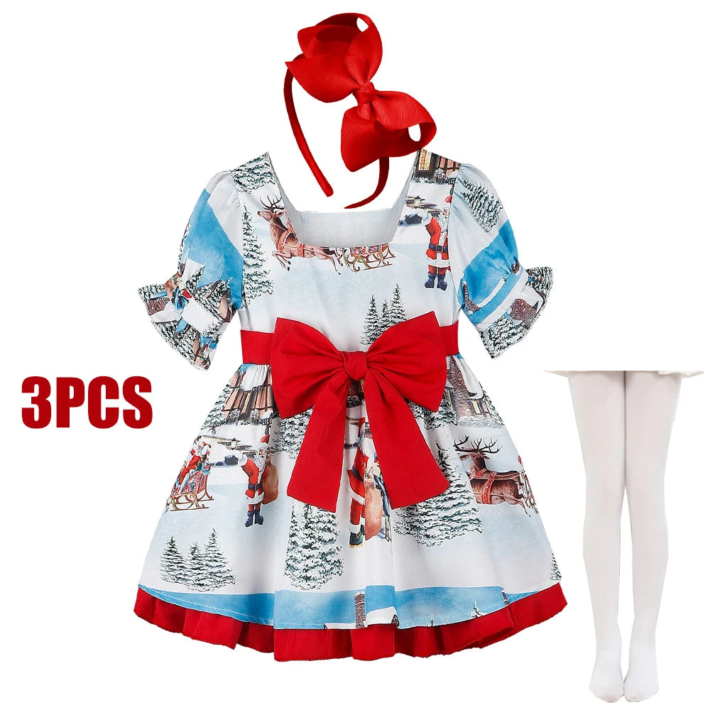 Christmas Bow Dress Kids Full Printing Casual Elk Xmas