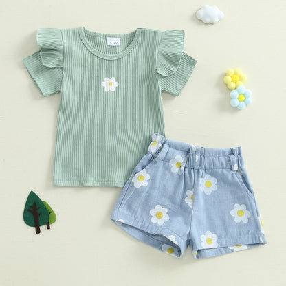 1-4Y Baby Girl Summer Outfits Ruffle Short Sleeve Floral Print Ribbed t Shirt Tops Shorts Set Toddler Baby Clothing 2Pcs