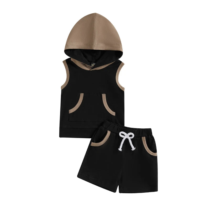 Baby Boy Shorts Set Contrast Color Sleeveless Hooded Tank Tops Elastic Waist Shorts