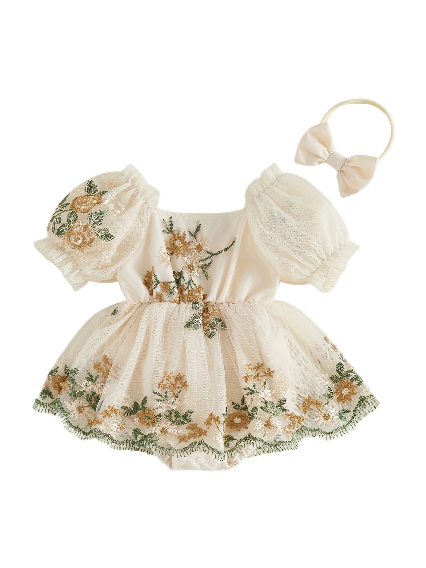 Baby Girl Summer Outfits Flower Embroidered Mesh Short Sleeve Romper Dress and Bow Headband 2 Pcs Set 0-24M