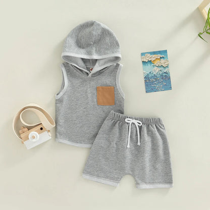 2Pcs Summer Clothing Casual Sleeveless Hooded Top + Shorts