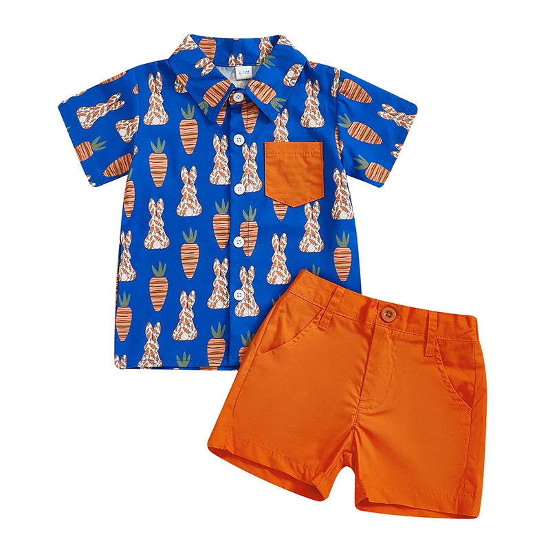 Boys Easter Outfits Bunny Carrot Pattern Collar Short Sleeve Shirt with Shorts 2 Pcs Set