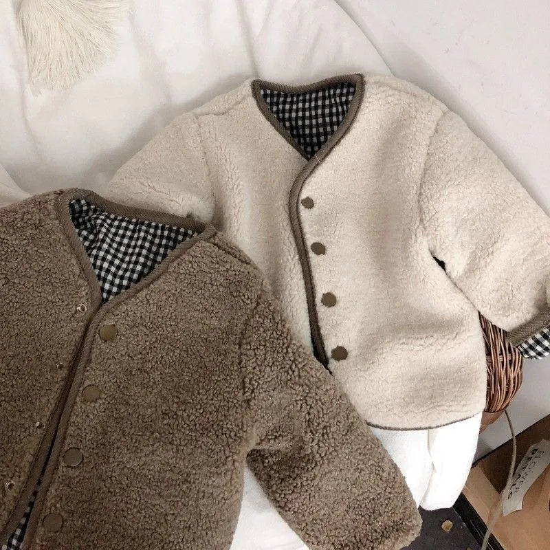 Korean Style Winter Boy Girl Reversible Clothes Beige/coffee Lambswool Plaid Single Breasted Jacket Children Warm Coat E89338