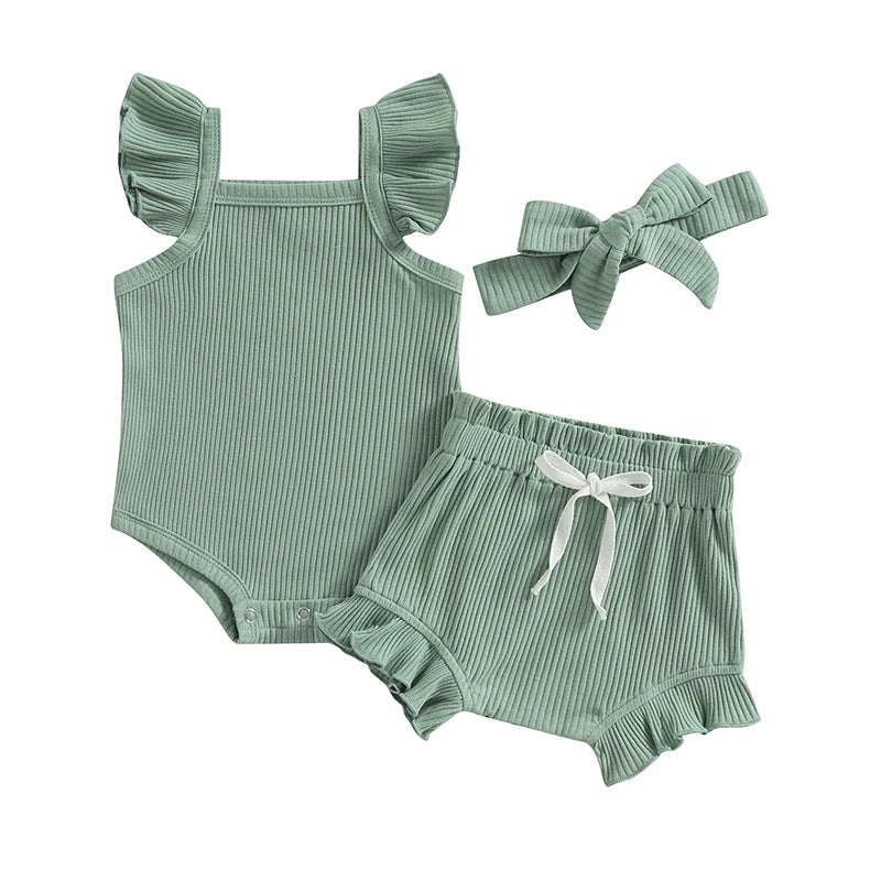 Girls 3Pcs Summer short sleeve top and ruffled shorts