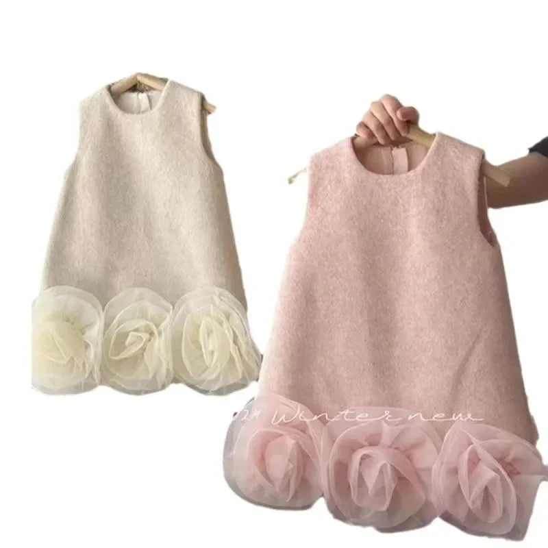 Korean Style Fashion Girls Vest Skirt 2025 Autumn Winter New Children Christmas and New Year Tweed Skirt Big Flower Dress