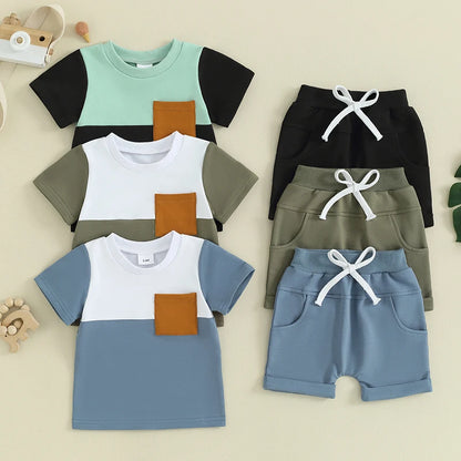 Summer Clothes Color Block Short Sleeve T-shirts + Shorts Set