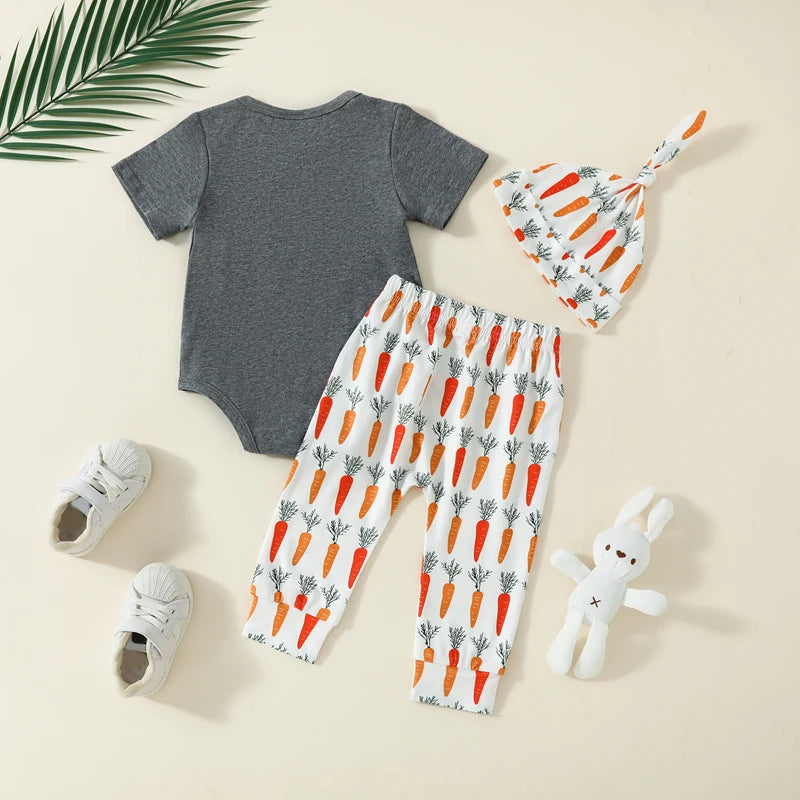 3 Piece Set: Short Sleeve Letter Print Romper with Carrot Pants and Hat