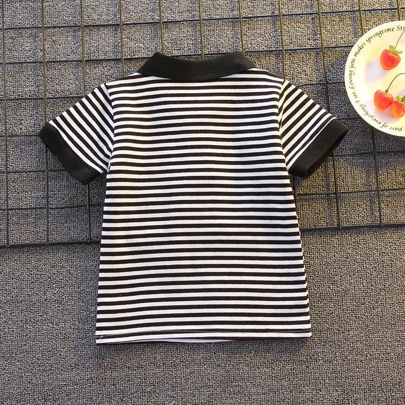 Summer Boys Sets Baby Thin Suit Children Lapel Striped Top Solid Shorts Two-Piece New Baby Fashion Casual Outfit 12M-5 Years Old