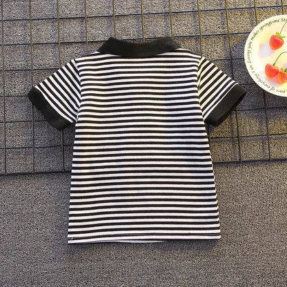Summer Boys Sets Baby Thin Suit Children Lapel Striped Top Solid Shorts Two-Piece New Baby Fashion Casual Outfit 12M-5 Years Old