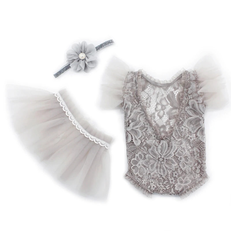 3Pcs Newborn Photography Props Baby Girl Lace Dress Infant Toddler Photo Props Headdress Outfits